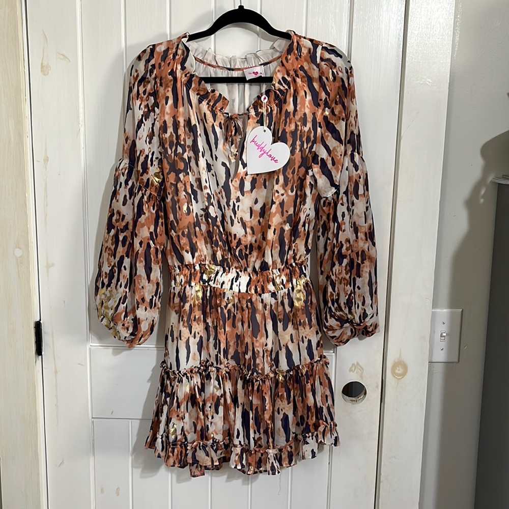 NWT! Buddy Love abstract tiered mini dress. Gold accent throughout. Size small.